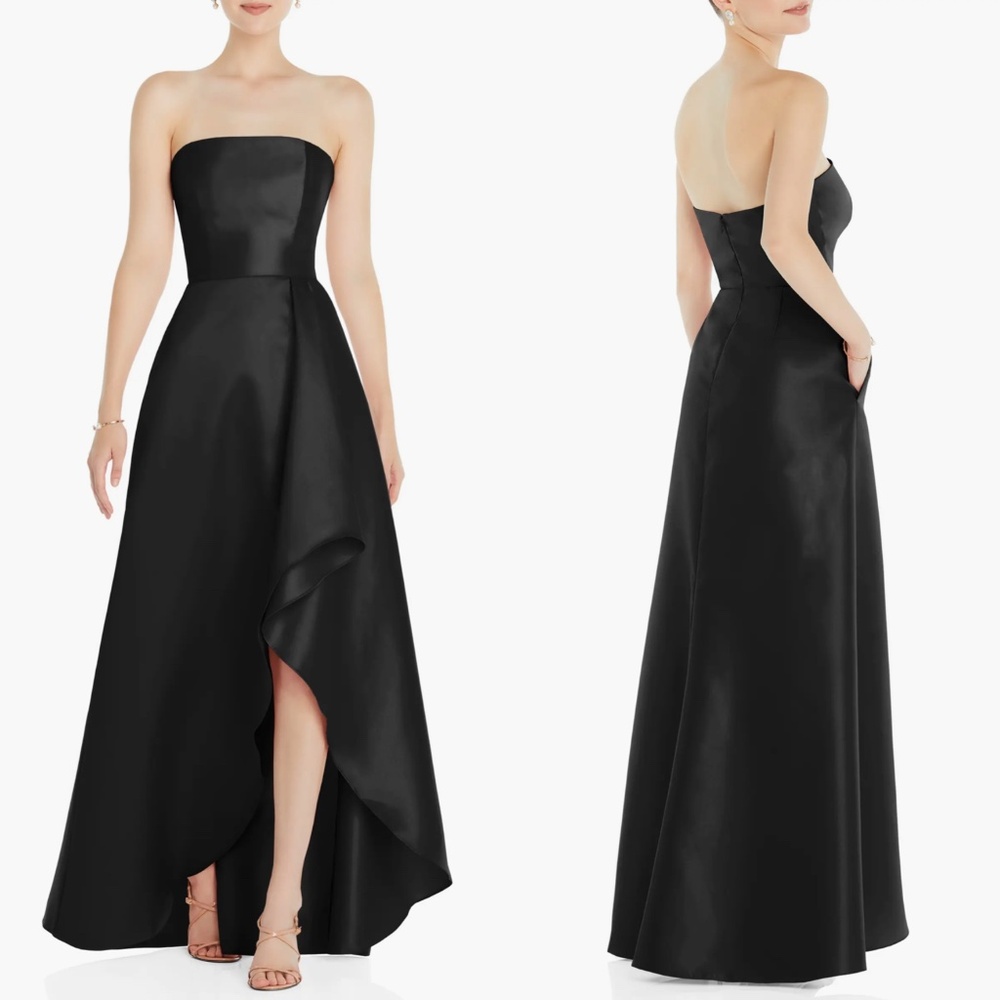NEW ALFRED SUNG Black STRAPLESS Satin DRAPED FRONT Pocket BRIDESMAID Slit GOWN